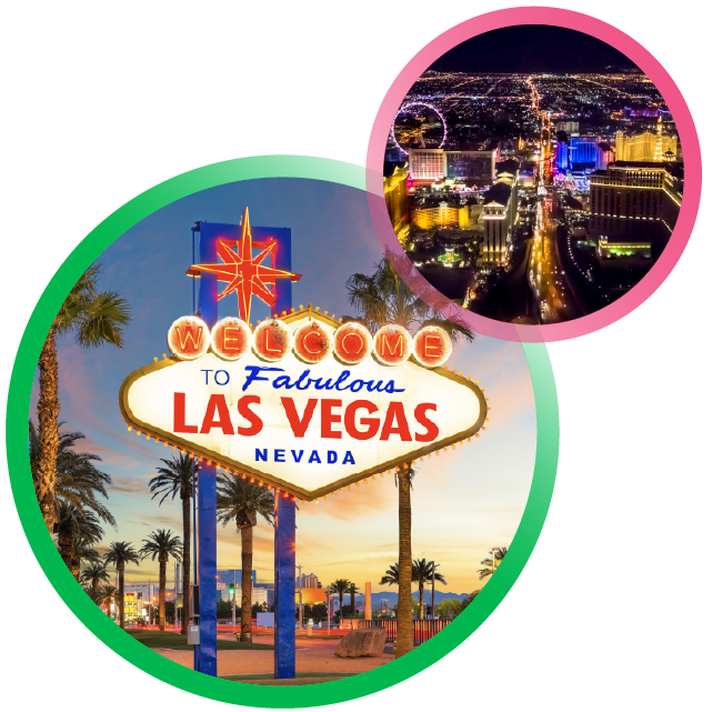 iconic Las Vegas welcome sign at sunset and image of Las Vegas at night