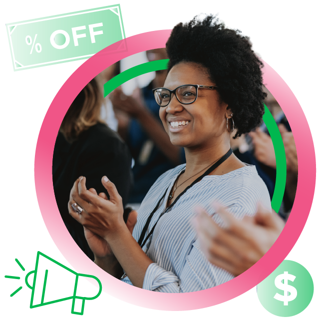 Woman clapping at conference with discount visuals